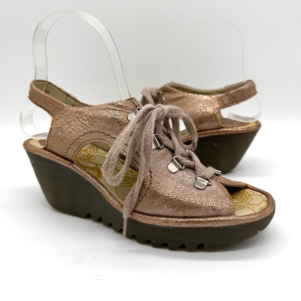 Fly London Ylfa Metallic Lace Up Wedge Sandals Sz 7